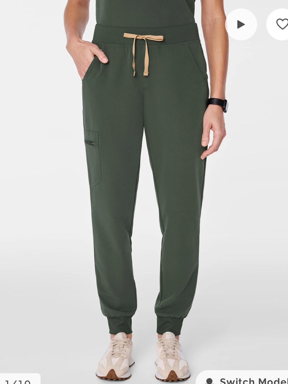 Figs Zamora Olive Green Jogger Scrub Pants with Tan Drawstring